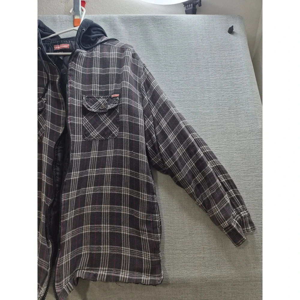 Craftsman Flannel Shirt Jacket Mens XL Black Gray Quilted Lined Hooded No Zip